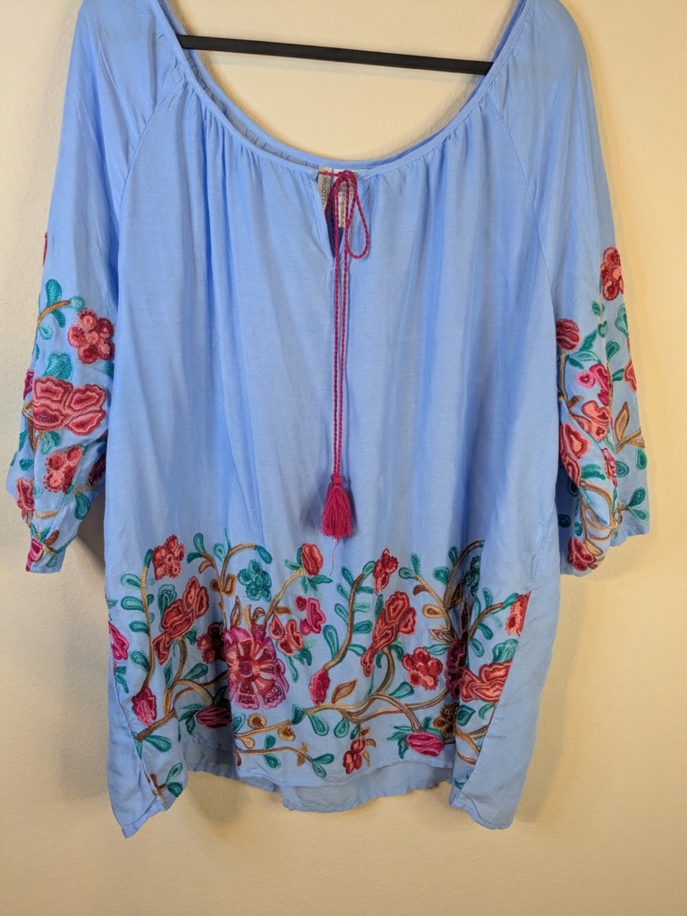 Embroidered Light Blue Peasant Tunic Top with Floral Detail 2X - Picture 5 of 7